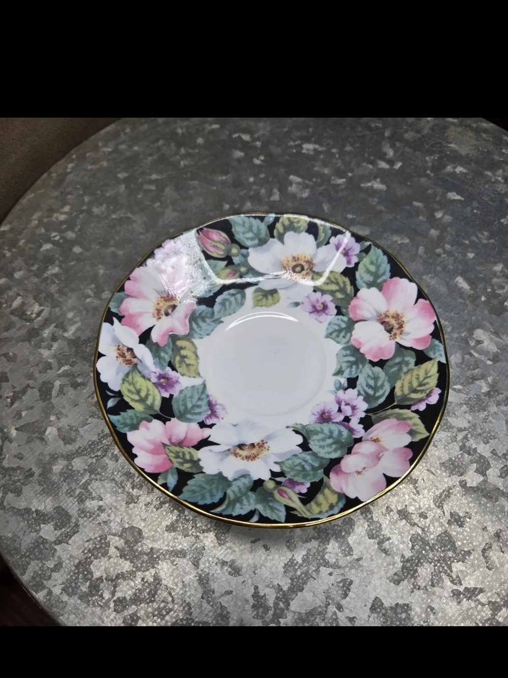 Vintage Queen’s Midnight Bloom Fine Bone China Teacup & Saucer England Floral